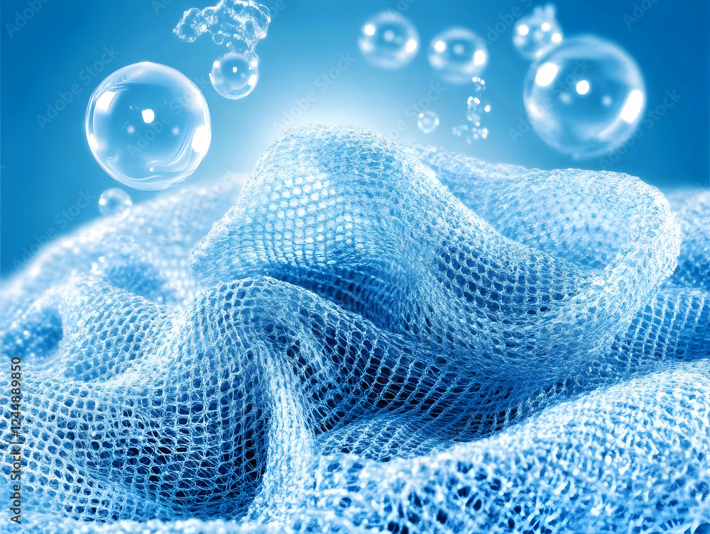 Poster blue mesh fabric with floating bubbles creates a refreshing and textured visual.