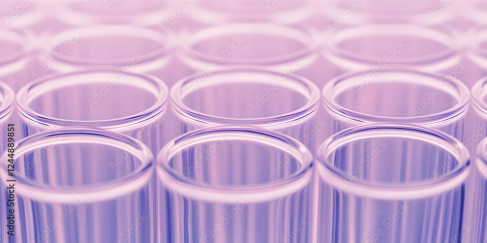 Poster close-up of empty test tubes arranged neatly, illuminated with soft purple light, ideal for scientif