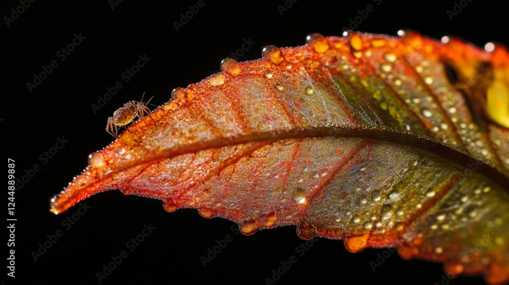 Aufkleber A macro photograph capturing a dew-covered leaf with a tiny spider weaving its web, showcasing the delicate beauty and intricate patterns found in nature.