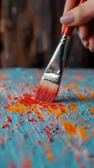 Fototapeta premium Artist applies red paint to a textured, colorful canvas with a brush, creating vibrant artwork.