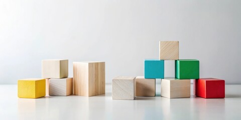 Obraz premium Colorful Wooden Blocks Arranged in a Creative Formation on a White Surface