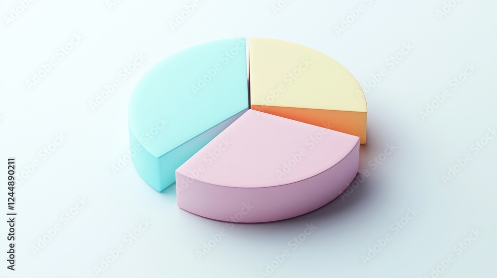 Poster a minimalist d pie chart with pastel-colored slices, smoothly separated to reveal individual section