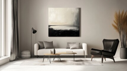 A minimalist living room design featuring a neutral color palette, sleek furniture, and a striking piece of artwork on the wall, creating a serene and stylish space.