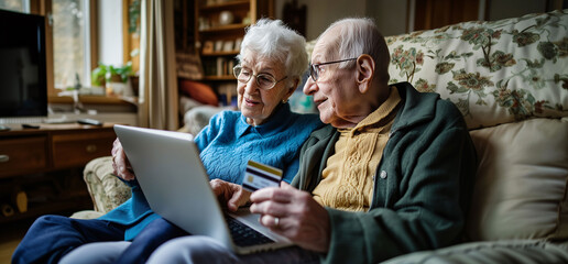  A happy senior couple using a credit card to shop online on a laptop in their living room. Technology access for seniors, active aging, digital inclusion, e-commerce, adapting to new tech.