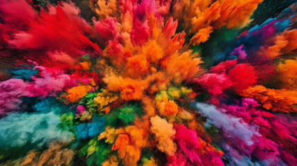 Dramatic explosion of Holi festival colors in red, yellow, orange, blue, and green, capturing the spirit of joy, unity, and vibrant cultural celebration.
