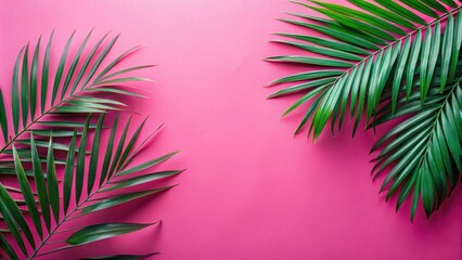 Fototapeta premium Vibrant Pink Background with Lush Green Palm Fronds Arranged Symmetrically