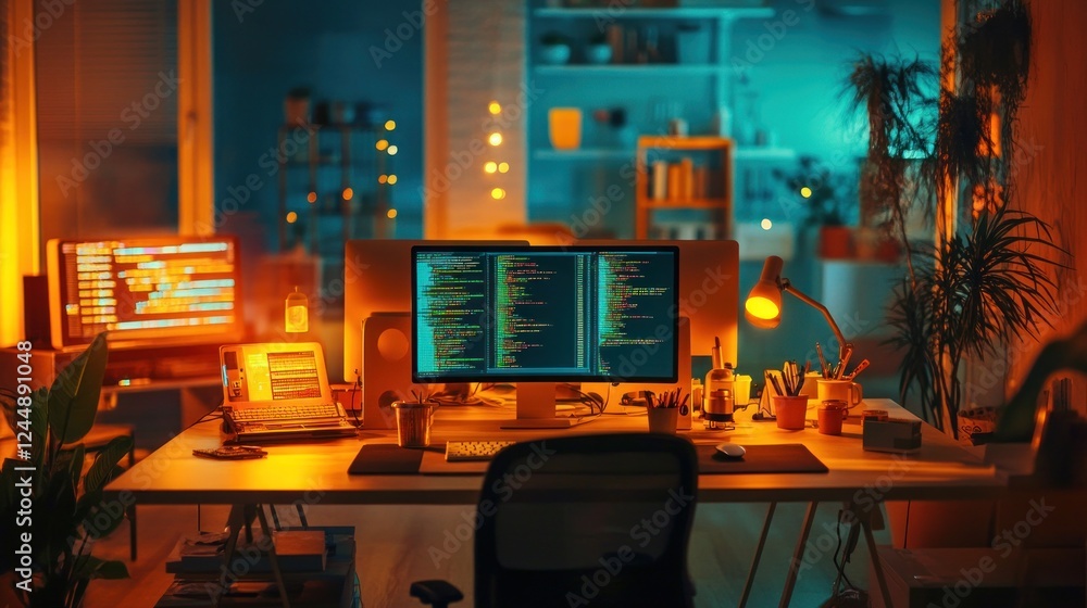 Poster night programmer workspace with two monitors displaying code, laptop, desk plants, and ambient light