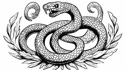 Fototapeta premium Intricate Illustration: Coiled Snake Amidst Stylized Foliage in Black and White