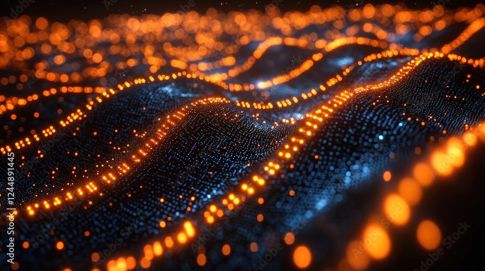 Poster abstract visualization of glowing orange and blue waves representing data flow in a digital landscap