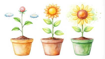 Three Watercolor Sunflowers Growing in Pots, Showing Stages of Plant Development from Seedling to Full Bloom