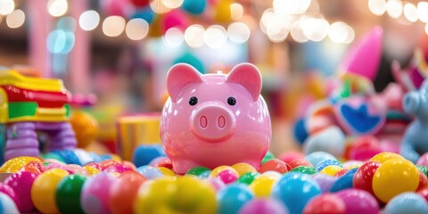 Obraz premium Pink piggy bank surrounded by colorful candies and toys.
