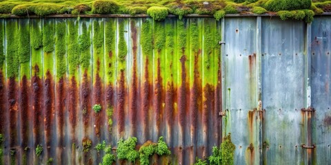 Obraz premium Rusty corrugated metal wall overgrown with vibrant green moss