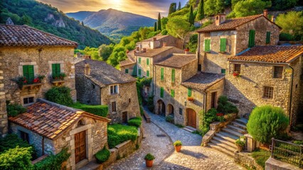 Golden Hour Illumination of a Picturesque Stone Village Nestled in a Verdant Valley
