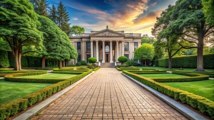 Obraz premium Serene Estate Classic Architecture and Exquisite Landscaping at Sunset