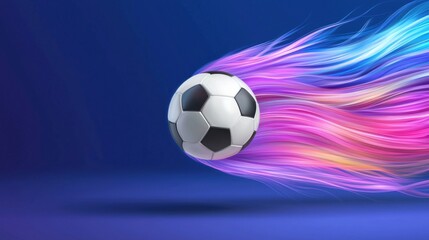 Fototapeta premium Dynamic and Colorful Soccer Ball in Mid Air Motion Rushing Towards the Goal with Vibrant Glowing Trails and Ethereal Cosmic Energy Effects