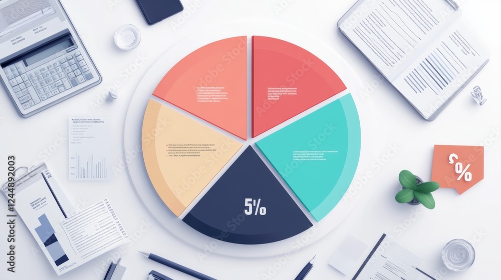 Poster A pie chart displaying personal finance data, with different sections for savings, expenses, and investments, accompanied by labels and percentages on a sleek white background.