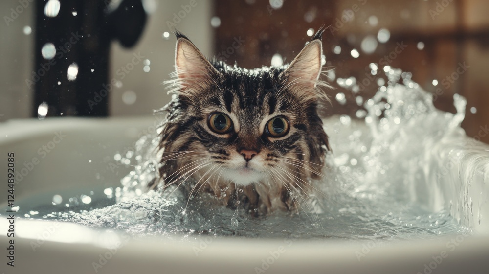 Poster a playful image of a fluffy cat cautiously stepping into a bathtub filled with warm water, with spla