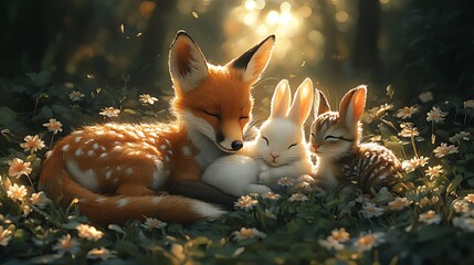 Fototapeta premium Forest friends peacefully sleeping amidst wildflowers at sunset, children's book illustration