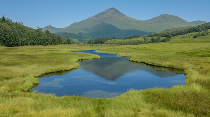 Scottish Highlands scenic vista tranquil loch reflecting mountains, ideal for travel brochures