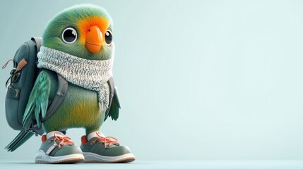 Cute cartoon bird wearing backpack, scarf, and sneakers.