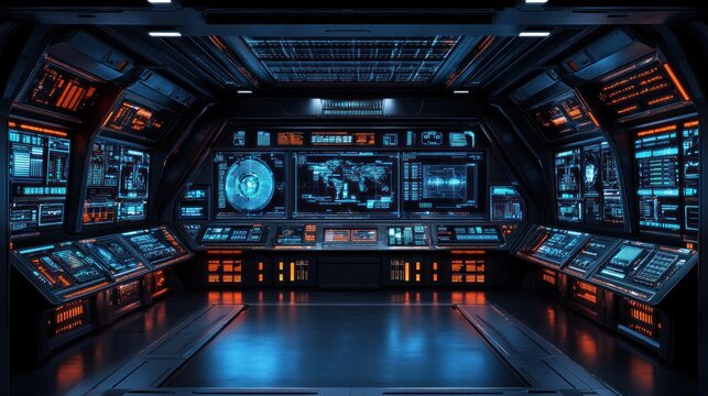 Futuristic spaceship bridge interior with glowing screens and consoles.