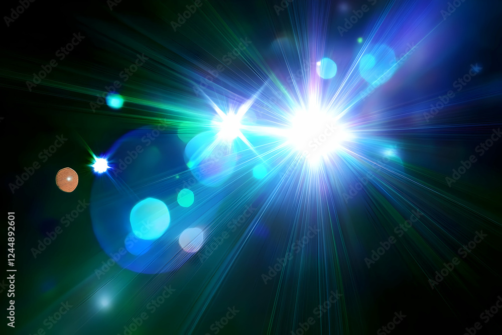Poster bright light rays burst from center on dark background with bokeh effect