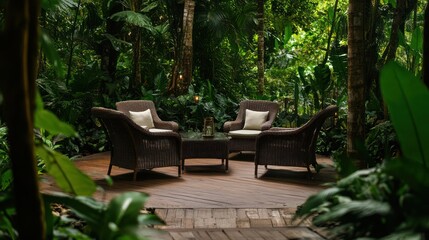 Obraz premium Tranquil Rainforest Retreat: Serene Patio Seating Amidst Lush Greenery