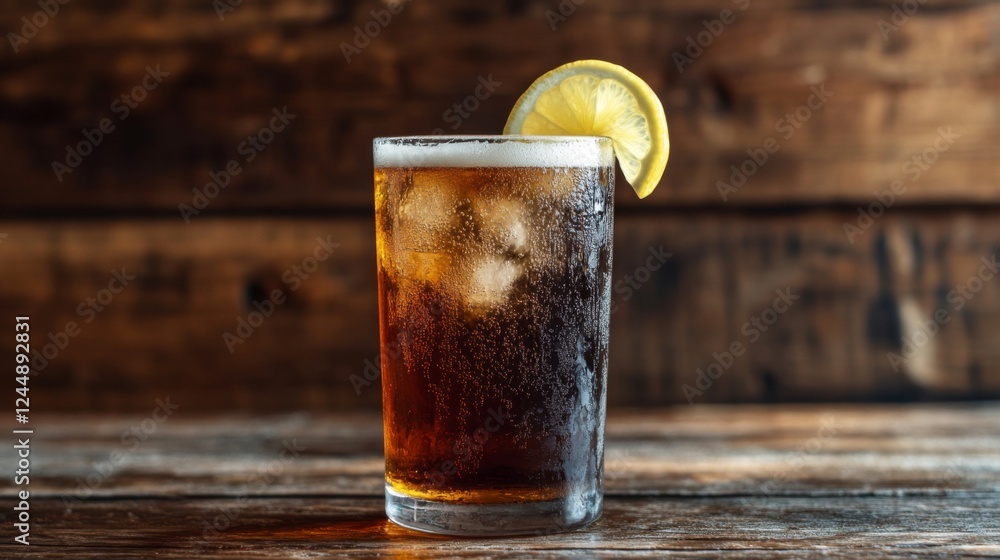 Poster a refreshing close-up of a cold glass of beer with condensation, served with a slice of lemon on the