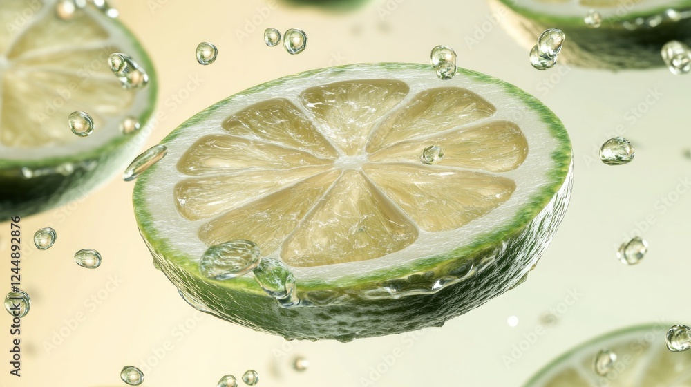 Poster fresh lime slices submerged in water with bubbles, floating and falling.