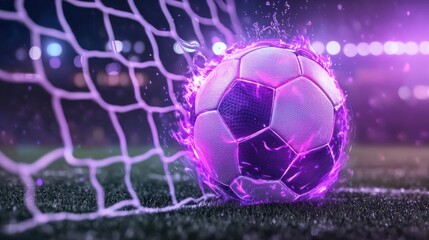 Fototapeta premium Dramatic and Vibrant Moment of a Soccer Player Kicking the Ball into the Goal with Powerful Motion Dramatic Lighting and a Sense of Intensity and Victory