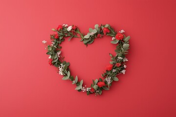 A stunning floral heart wreath made of fresh red roses and green leaves on a vibrant red backdrop. Perfect for Valentine's Day decorations and celebrations.
