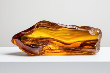 A polished amber sculpture showcasing rich colors and organic shapes.