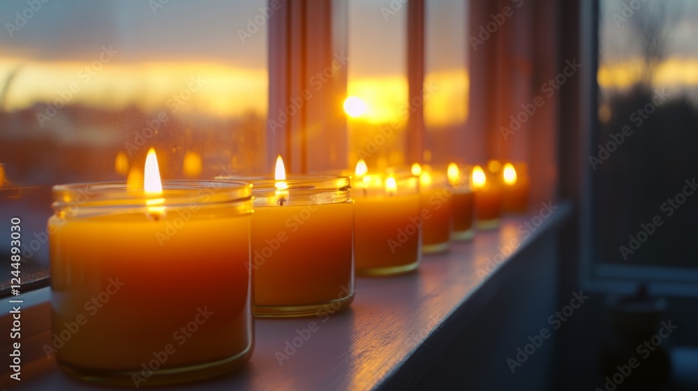 Poster a row of scented candles in glass jars lined up on a windowsill, with soft sunlight streaming in and