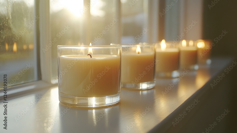 Poster a row of scented candles in glass jars lined up on a windowsill, with soft sunlight streaming in and