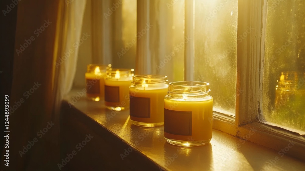 Poster a row of scented candles in glass jars lined up on a windowsill, with soft sunlight streaming in and