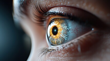 Extreme close up of a human eye with a glowing surreal geometric iris pattern  This abstract and conceptual image explores the intersection of biology technology and imagination
