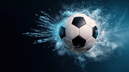 Fototapeta premium Explosive soccer ball smashing into the net with a dynamic holographic water splash effect in a sports stadium environment
