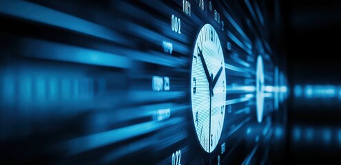 Abstract blue digital clock background showing time passing rapidly.