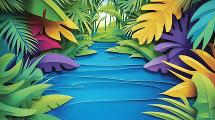 Paper Cutout Jungle River Flows Through Vibrant, Colorful Foliage and Lush Greenery.