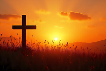 Good Friday concept: Silhouette cross of Jesus Christ on meadow autumn sunrise background