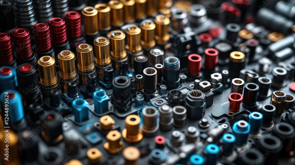 Poster close-up of intricately arranged metallic components showcasing various colors and shapes