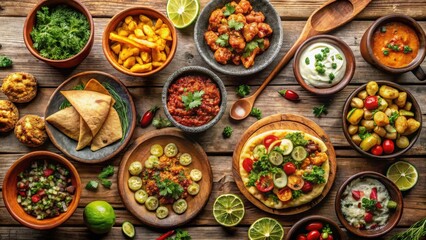 Fototapeta premium Aromatic Spiced Dishes and Fresh Vegetable Sides Arranged on Rustic Wooden Table