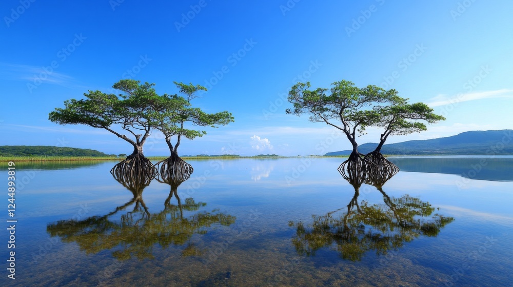 Poster a serene coastal view of mangrove trees standing tall in shallow water, with a backdrop of distant h