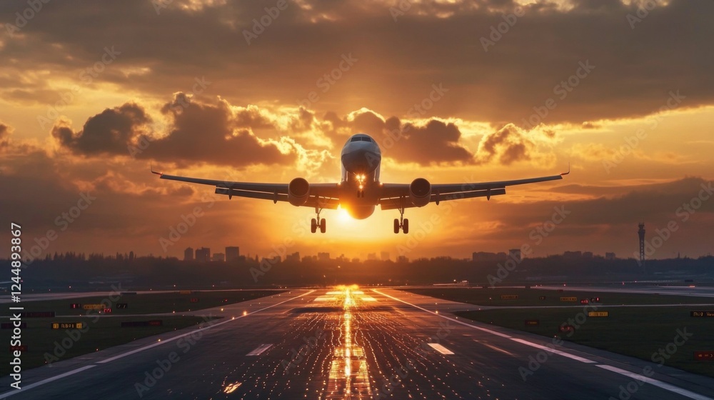 Poster a serene image of a small aircraft taking off during golden hour, with the sun setting on the horizo