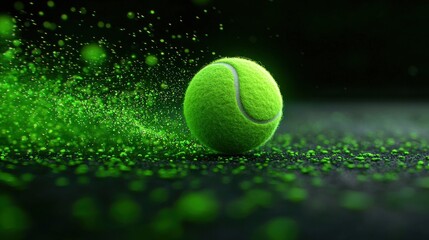 Explosive moment of a tennis ball impacting a racket surrounded by a lush green grass court creating a dynamic and energetic display of motion texture and abstract patterns