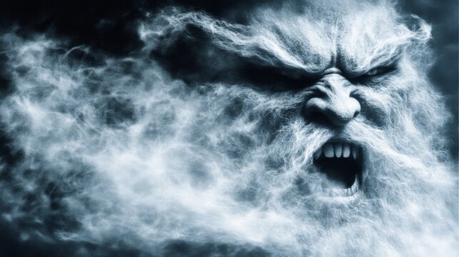 A monstrous face emerges from a swirling cloud of smoke, its expression filled with rage and menace.  Dark and atmospheric.