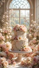 Timeless Wedding Elegance: White Iced Cake with Fresh Flowers and a Golden Glow – Ideal for Print Design and Stationery Inspiration