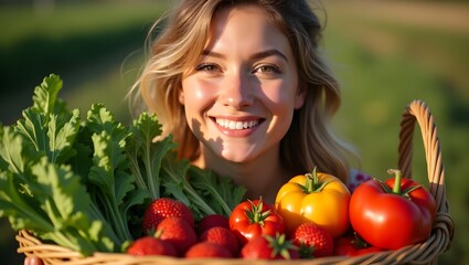 A glowing portrait of a woman embracing the beauty of a thriving harvest.