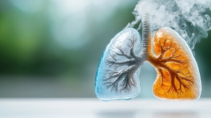 Conceptual depicting the contrast between polluted and clean air represented by smoke and fresh air on opposing sides of the human lungs