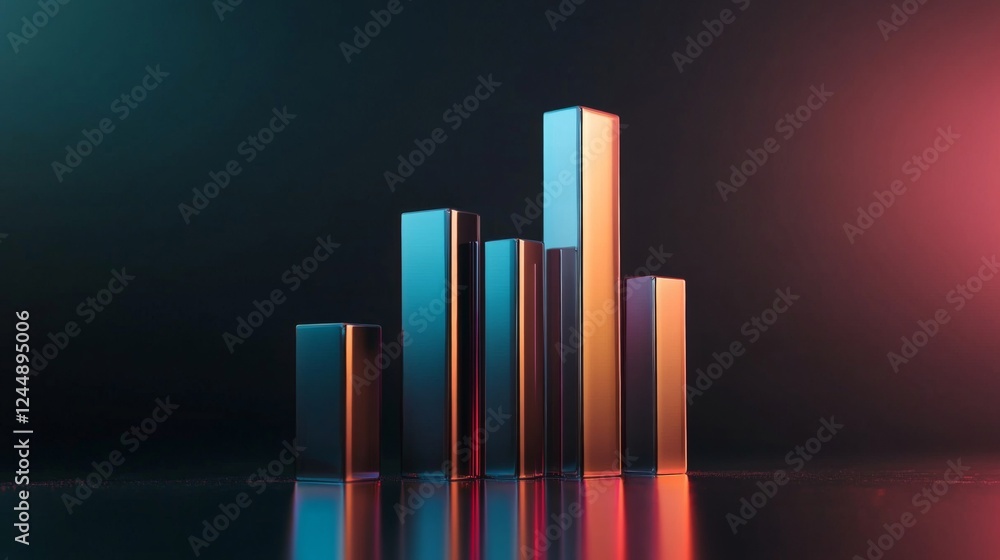 Aufkleber A sleek, futuristic D bar graph with metallic bars rising from a reflective surface, set against a dark gradient background, highlighting business growth.